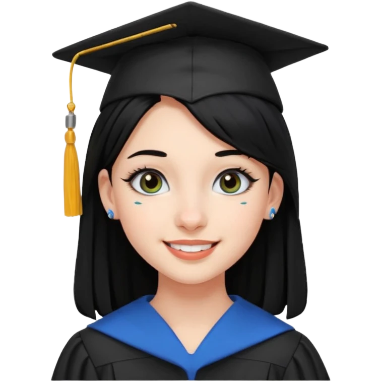 teenage girl emoji with black hair, bold makeup, nose piercing, wired earpods, smiling, graduation theme emoji