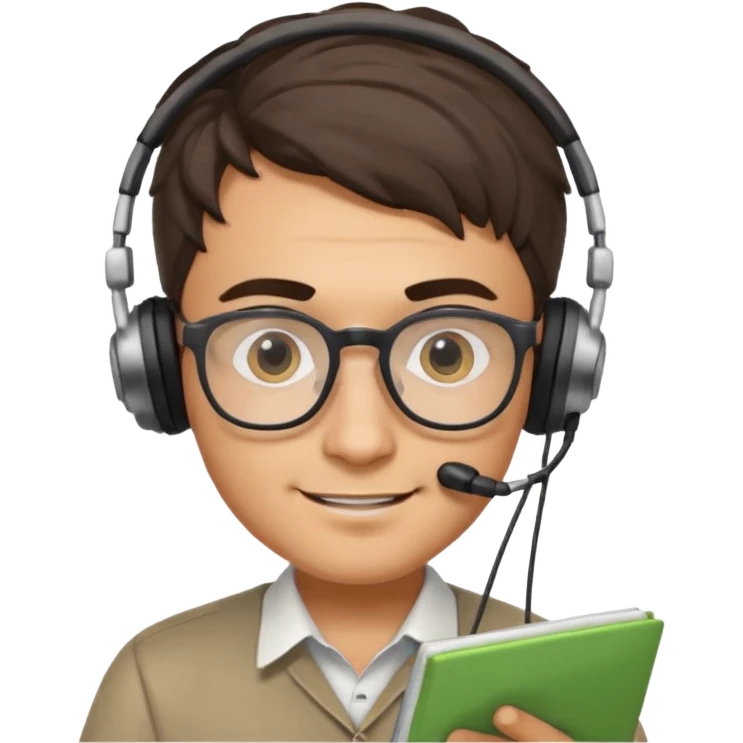 young Italian man, intelligent and focused, doing data analysis, wearing glasses and small headphones, smiling emoji