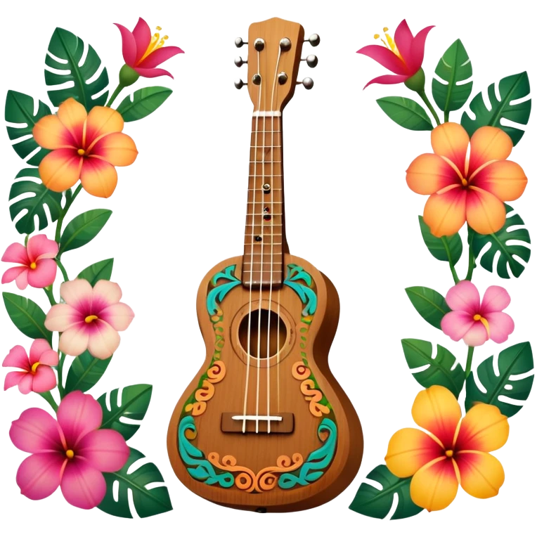 Ukulele with Polynesian carvings with flowers behind it emoji