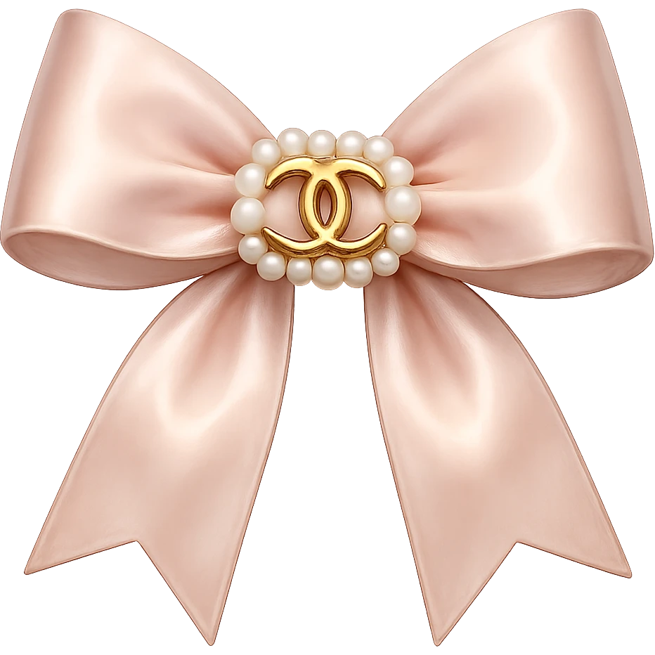 Remove the background, keep only the elegant bow with pearls and gold Chanel logo, glossy, pastel colors, realistic style, with no background. emoji
