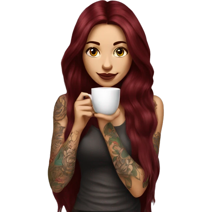 Beautiful tattooed  burgundy long haired woman sipping tea emoji
