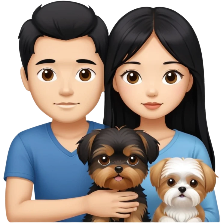 A beautiful Asian girl with long black hair is holding a Yorkshire Terrier. She is standing next to her tanned boyfriend, who is holding a Shih Tzu. They are each holding one dog each emoji