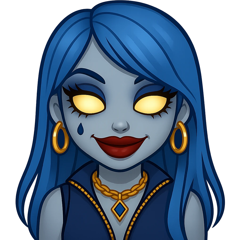 Add glowing eyes to the character, keep the creepy gyaru style with blue hair and pretty makeup, bratz baddie vibe, in emoji style with no background. emoji