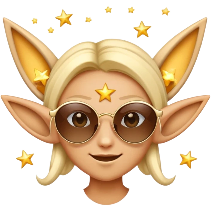 Design a playful emoji of a high Fae character with pointed ears and elven features, wearing stylish sunglasses. This emoji should exude a cool and mysterious vibe, incorporating magical elements like twinkling stars around him to emphasize his mystical nature. emoji