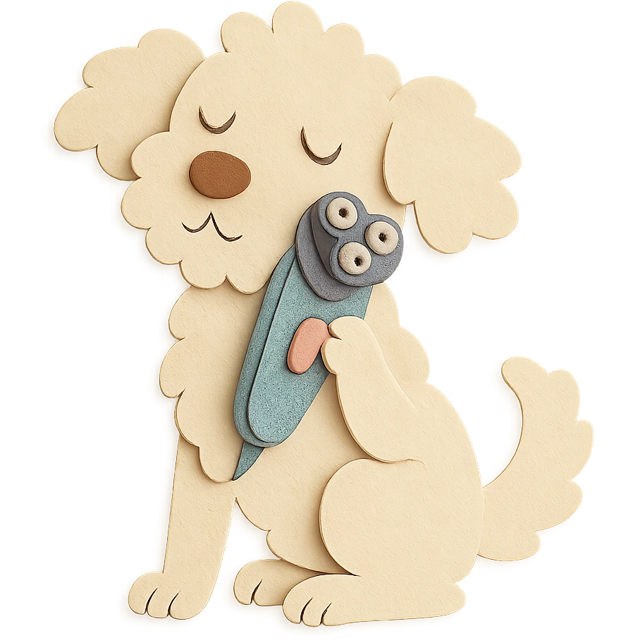 soft pastel electric shaver dog brushing its fuzzy face, creamy beige tones, full-body emoji