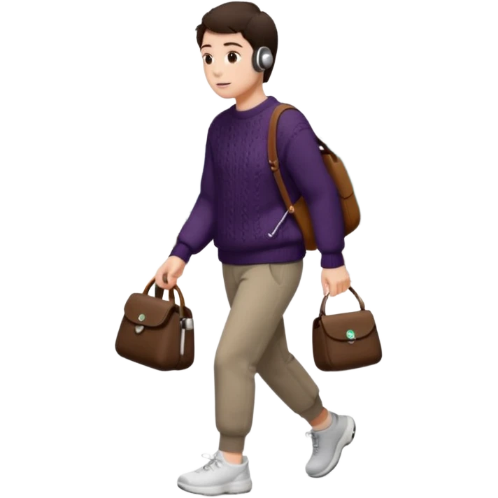 걷고 있는 사람
옷은 겨울에 어울리는 니트와 하의를 입었고 숄더백을 매었다.
머리카락 색깔은 어두운 갈색, 풀은 긴머리를 하고 있다 
귀에는 애플의 에어팟이 착용되어 있다 emoji