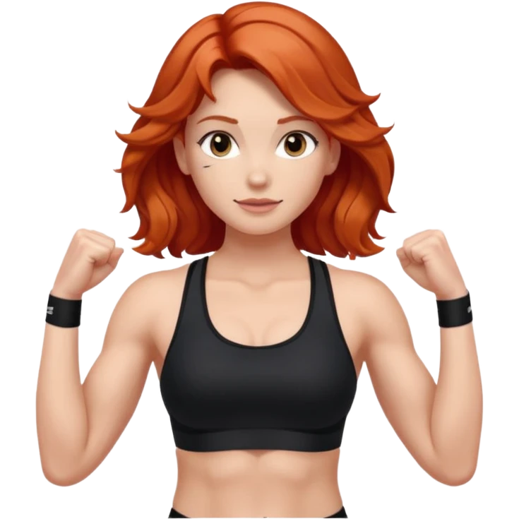 Athletic girl with long light red wavy hair and smaller boobs bigger arms. middle part and black sports bra emoji