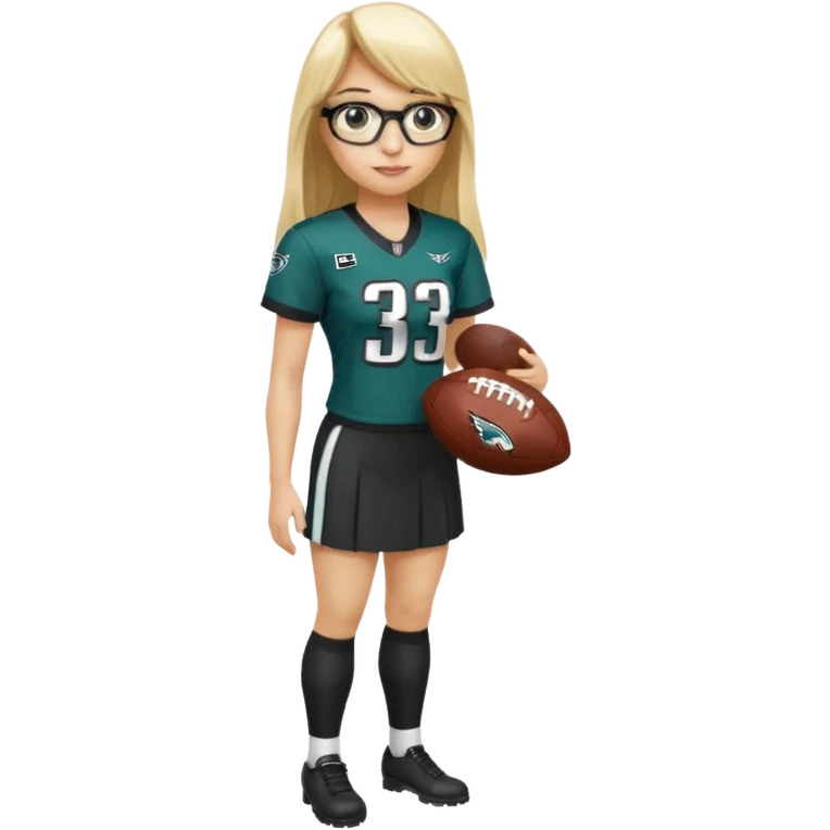 full length women wearing eagles uniform, long blonde hair, straight bangs, black glasses, holding football, number 33 emoji