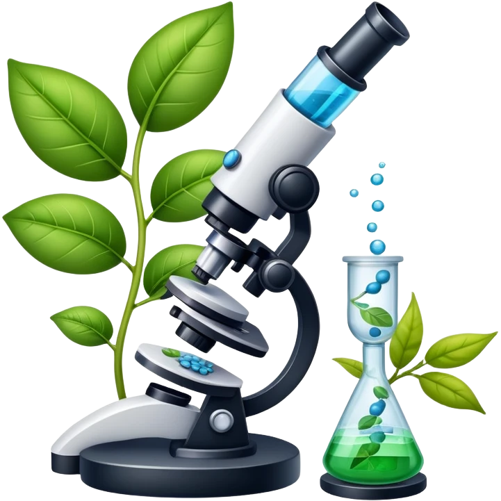 An icon featuring a DNA helix, a microscope, and a plant leaf, symbolizing biology. The design includes animal cells, a test tube, representing the study of life forms, ecosystems, and genetics. Transparent background highlights the exploration of living organisms. emoji