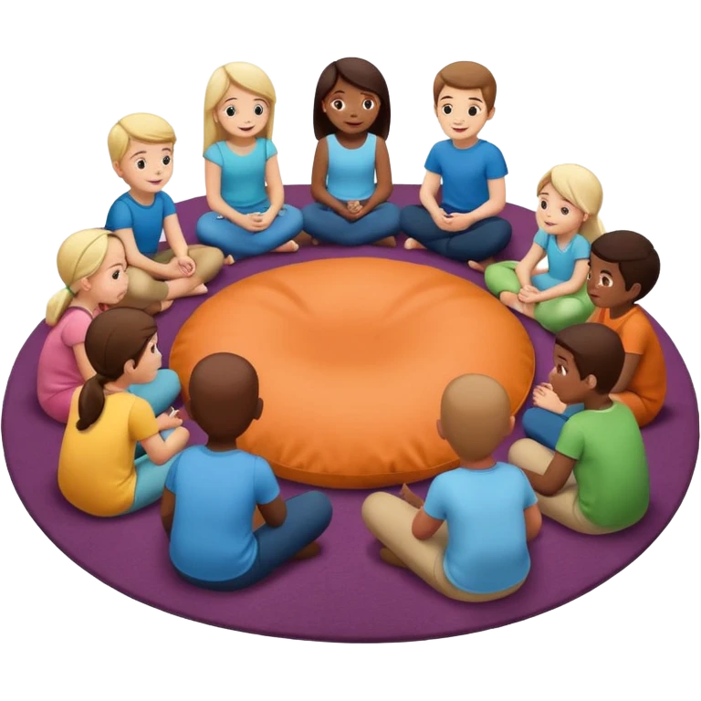 создай стикер где ребята сидят и обсуждают на утреннем круге какую то историю поддерживающая атвосверав, ребята сидят в полукруге на коврике и на мягких мешках emoji