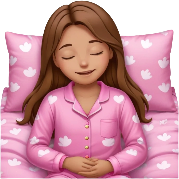 The brown long hair girl going to sleep in pink pajama with smile and closed eyes emoji