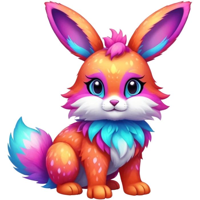 Vibrant multicolored neon-colored Falvie-Fionbri-creature-sparkle-bunny-hybrid-fursona, full body, fur pattern-markings emoji