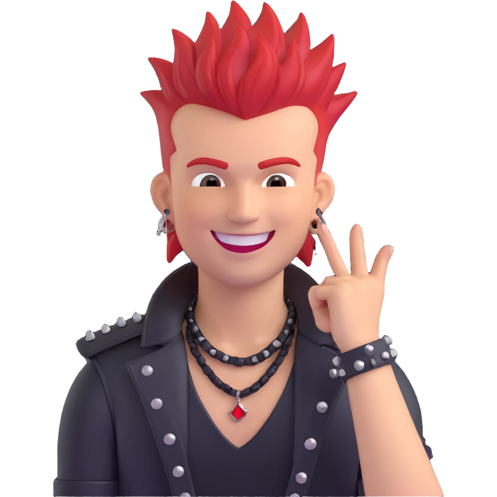 rebellious white guy rock singer with red mohawk hair, studded leather necklace, big smile emoji