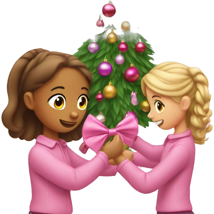 Two girls putting up bow ornaments on a pink Christmas tree emoji