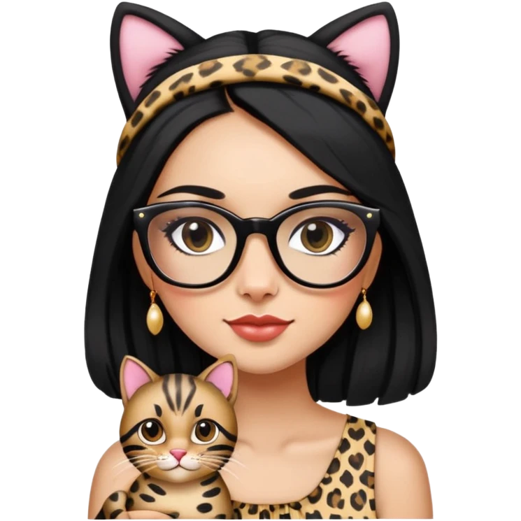 A woman with a cute face and long black hair, wearing a head accessory. She has stylish makeup on. She wears leopard-print frame glasses. She’s dressed in a beautiful, charming sundress. She’s holdingher black-striped cat. emoji