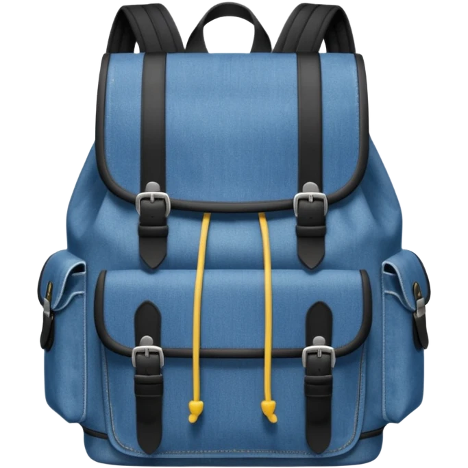 An emoji-style blue denim backpack with a flap top. Two short black buckle straps are attached only at the top flap, not extending to the bottom. The front is clean with no pockets or extended straps. The backpack has two side pockets. 


 emoji