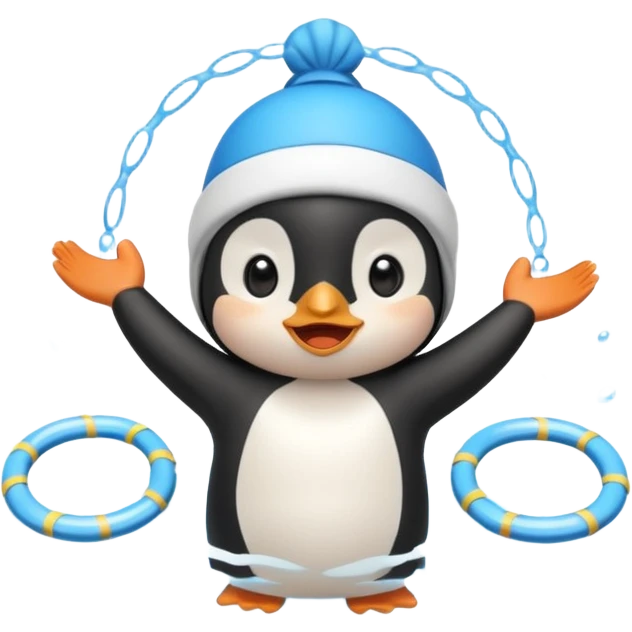 A cheerful penguin swimmer in swim cap, doing a playful backstroke with water rings popping around full body chibi cute
 emoji