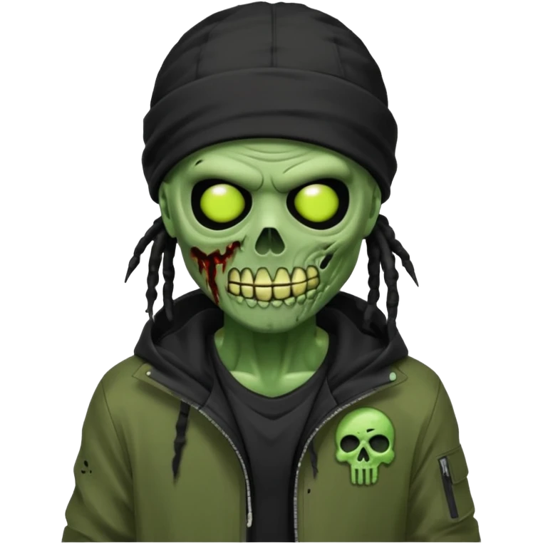 a zombie emoji with black dreads and a black nike jacket and black nike ski mask on his head emoji