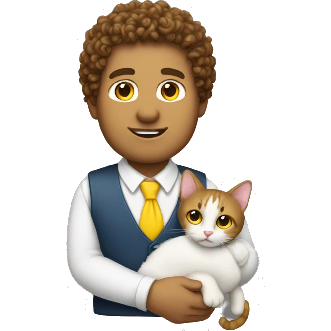 Brown Curly headed white man holding a cat wearing a yellow tie emoji