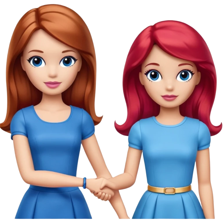 A barbie girl with makeup with brown hair with a baby, a daughter, a girl with red hair, holding her hand in blue clothes emoji
