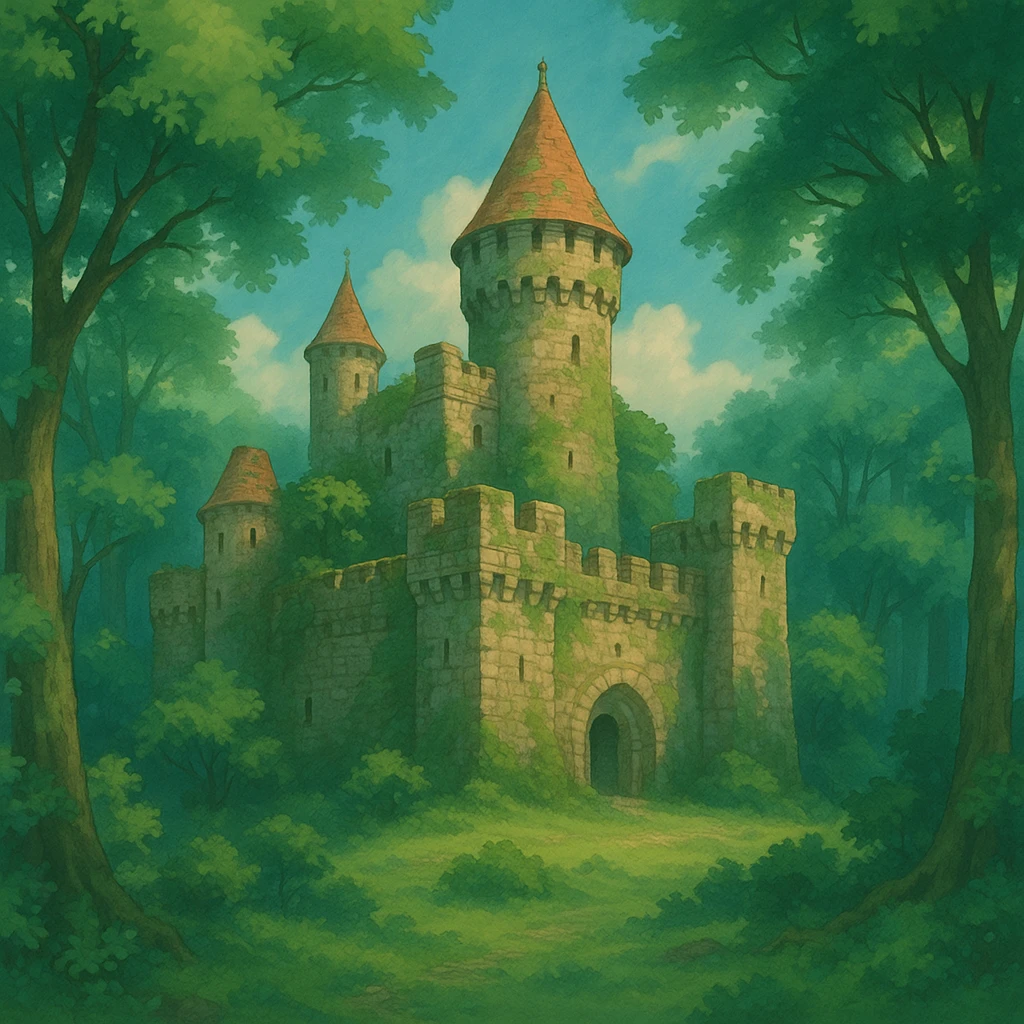 ancient stone castle surrounded by forest, magical mood, ghibli style emoji