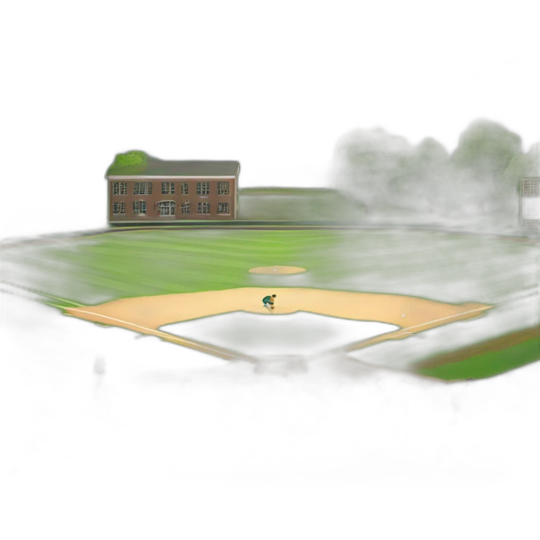 a small school with green mountain in north and creek in south and small children playing baseball on the field emoji