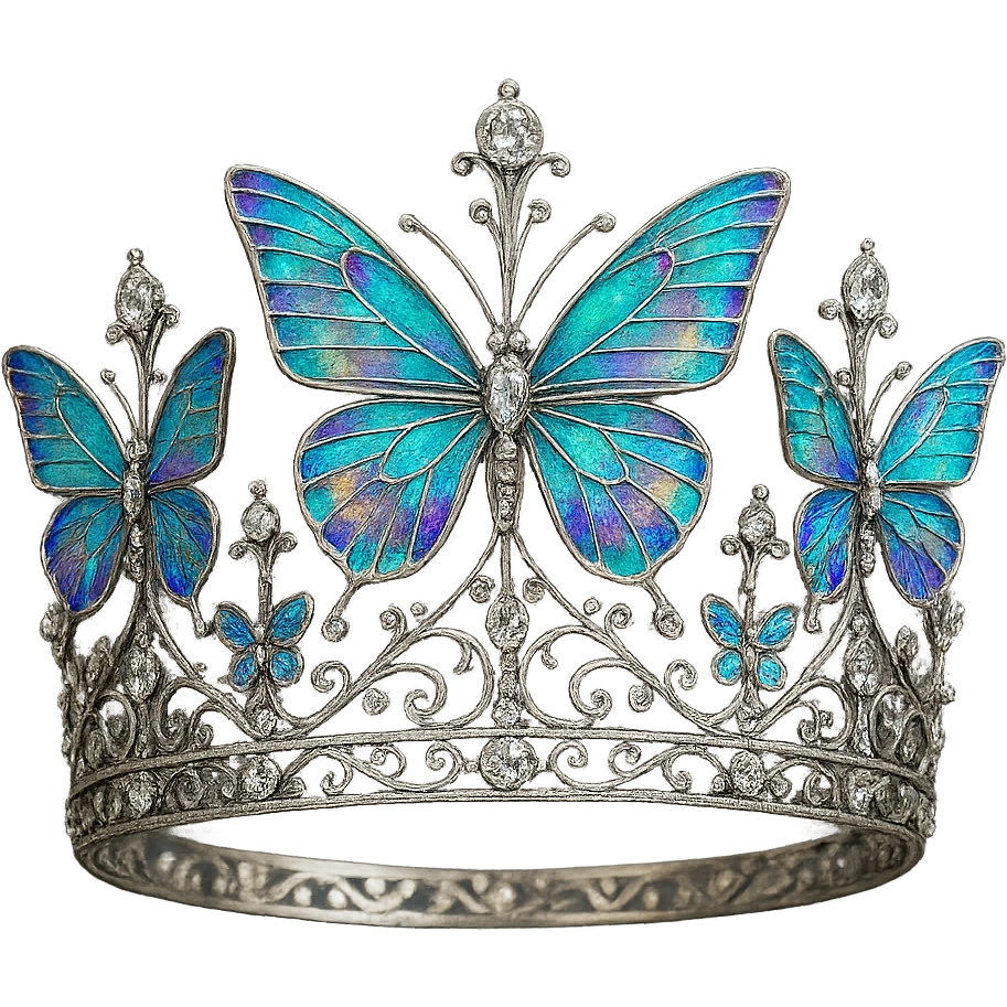 butterfly crown with a metallic silver base, butterflies in iridescent enamel, sparkling gems, transparent background emoji