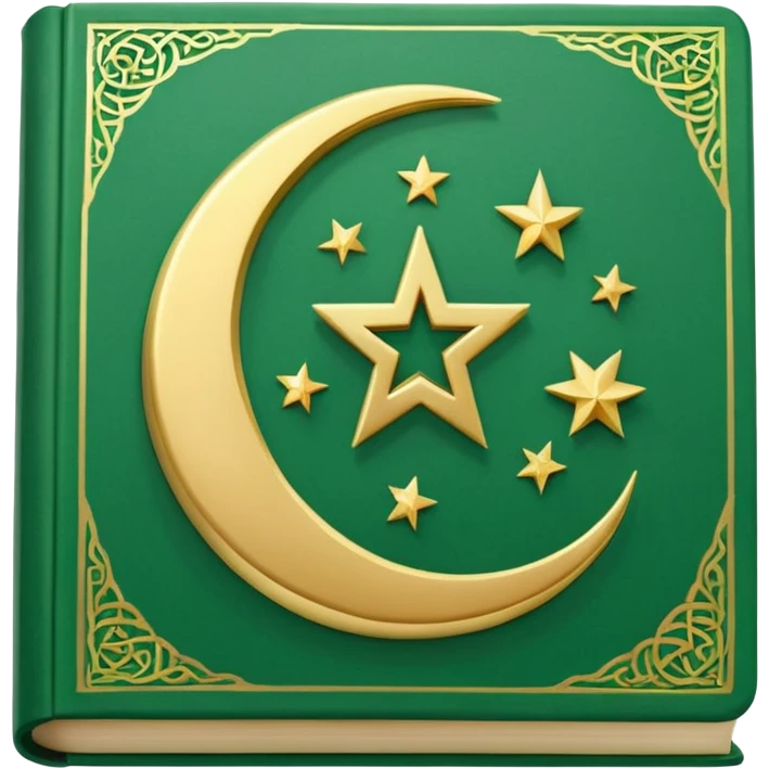 Closed Quran with the Islamic Symbol on it (moon and star) green from left to right emoji