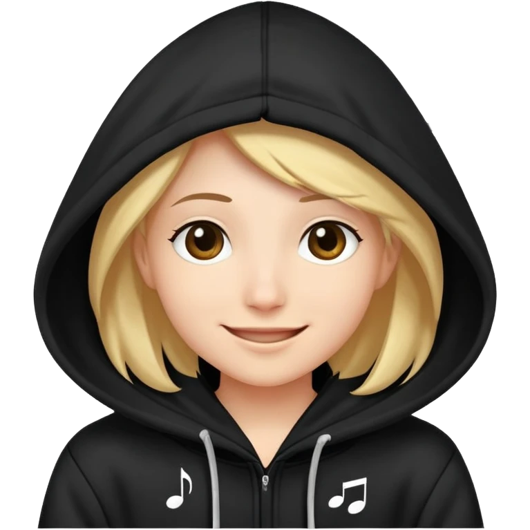 a smiling face peeking out from a hoodie with musical notes around emoji