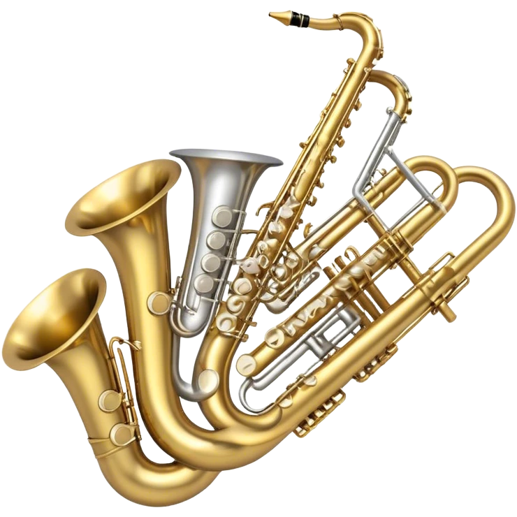 Create a professional, harmonious emoji collage symbolizing wind instruments.  The instruments should be in metallic gold, silver, and brass tones, with subtle reflections to convey a professional and polished appearance. Add soft musical notes or soundwaves to surround the instruments, creating a sense of movement and sound. The background should be transparent, ensuring all instruments are the focus and the composition remains harmonious and balanced. emoji