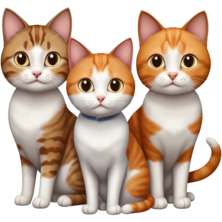 3 different coloured short haired cats including; a dark brown tabby and white cat, and a dark grey and white and a ginger and white emoji