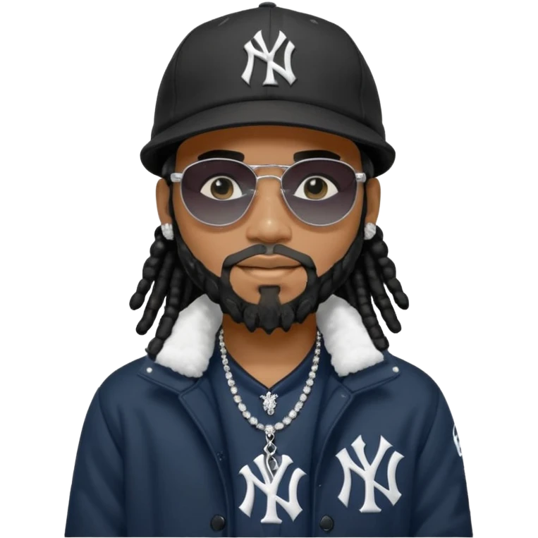 African American man with shoulder length black dreadlocks with black beard wearing black sunglasses wearing a New York Yankees logo baseball cap wearing a black bubble winter coat with a diamond grill in mouth with diamond cross necklace on his neck emoji
