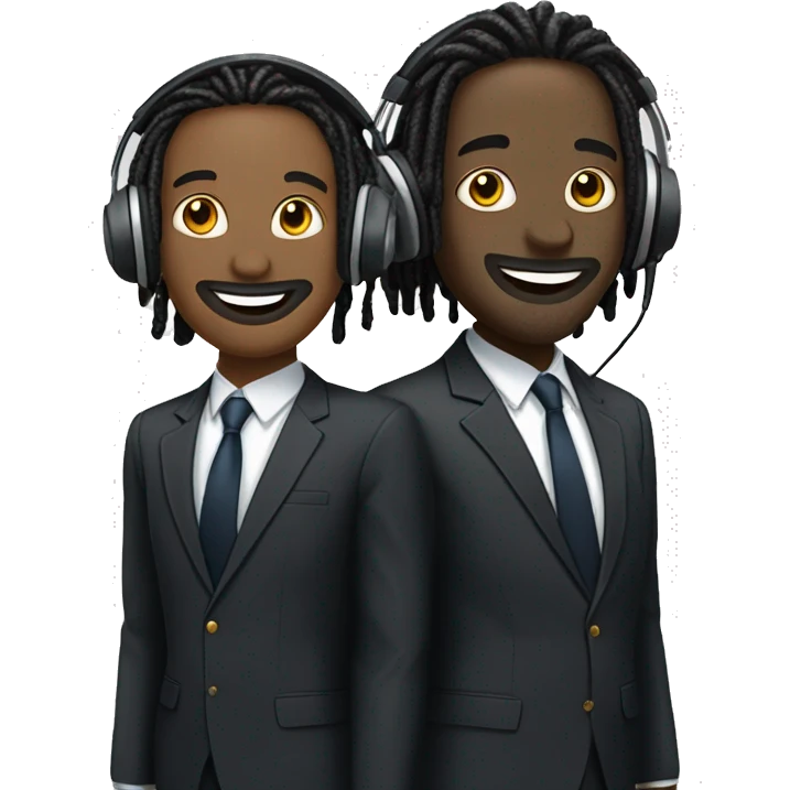 Two well-dressed individuals in suits. One individual wearing shoulder length dread locks. Both wearing headphones for a podcast. Happy faces.  
 emoji