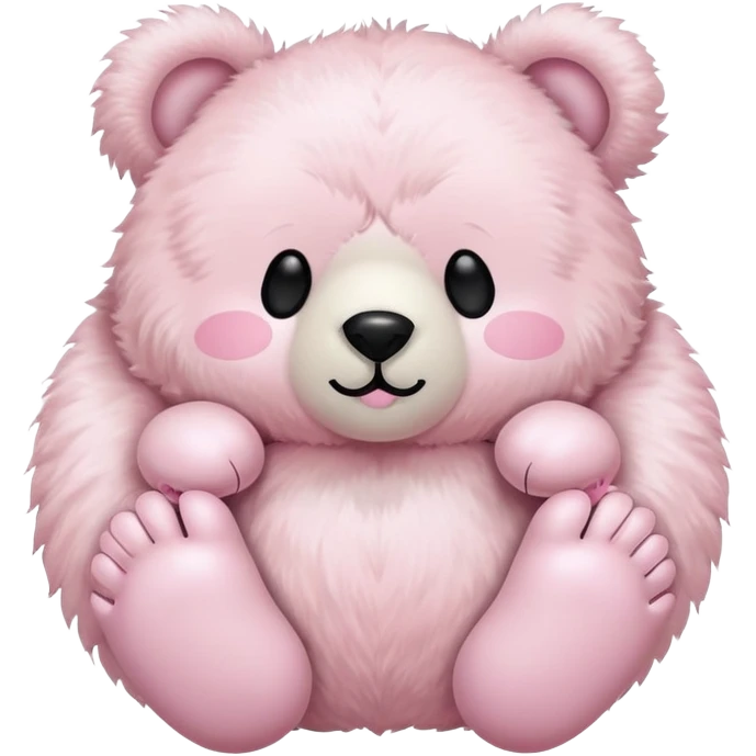 a fluffy toy teddy with a light pink colored shell and ears and a white face and bear feet, with a cute black closed eyes and mouth emoji