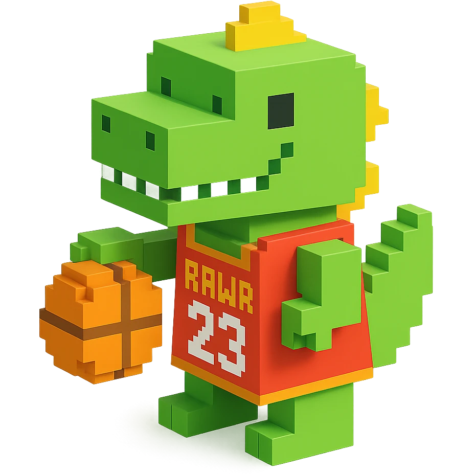 надпись "RAWR" и динозавр с баскетбольном мячом в майке с надписью "23", no background emoji