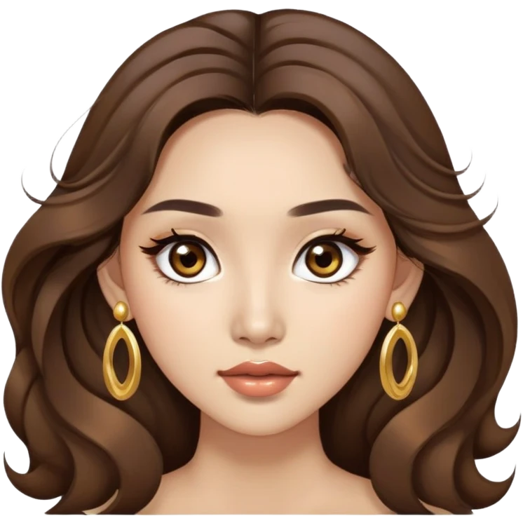 Asian women with light skin and brown wavy long hair, big round brown eyes with long lashes and a bit of makeup  wears a gold earrings emoji