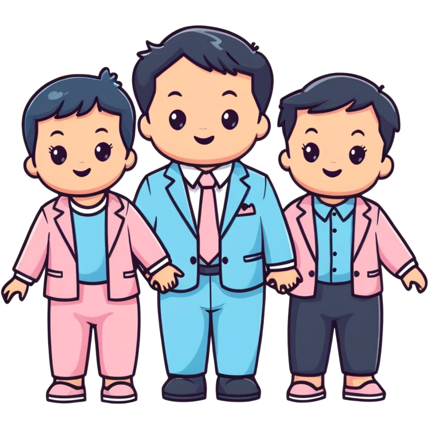 triplet toddlers with two girls in pastel pink clothes on each side and a boy in pastel blue suit in the middle emoji