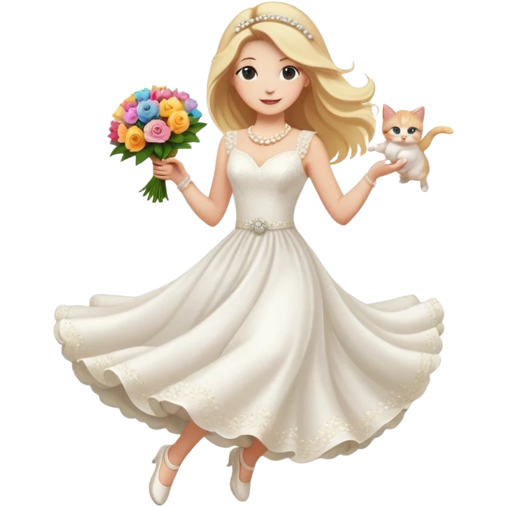 White woman - long hair - white wedding dress - holding a kitten - happy - jumping - fashionable - elegant - bouquet - dreamy - colorful - pearl accessories emoji