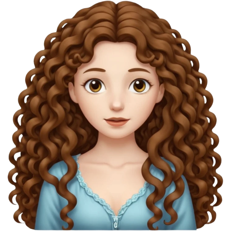 pale woman with brown curly very long hair, middle part. the hair is very very very very very very long, waist length, but you can't see her waist emoji