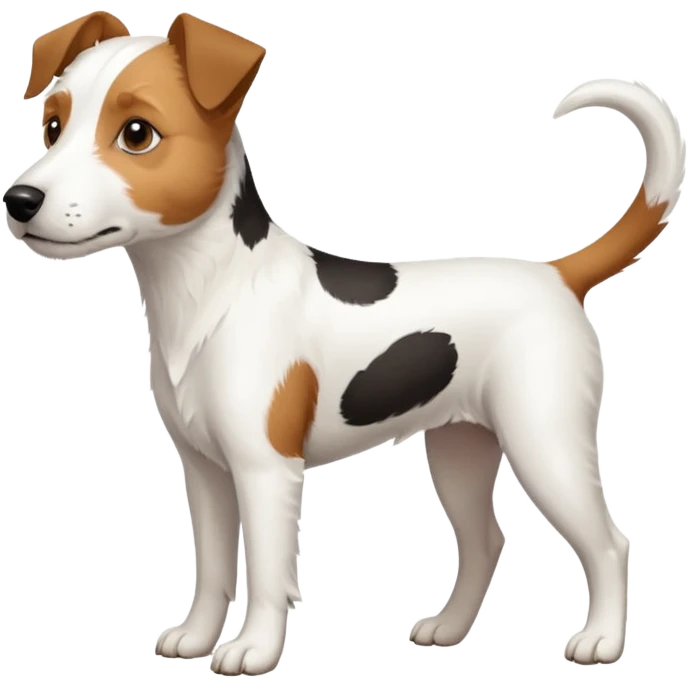 a full body large white parson russell terrier looking dog the size of a kelpie with light brown ears and a light brown patch on one eye and a large snout emoji
