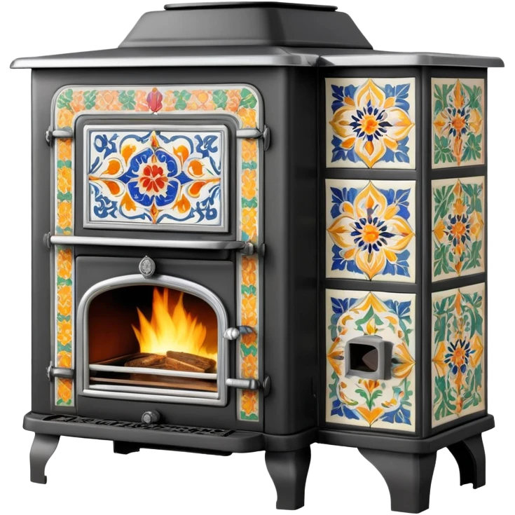 Ornamental European coal stove from the 1900s with ceramic tile decorations, tall design with metal door and coal burning inside emoji