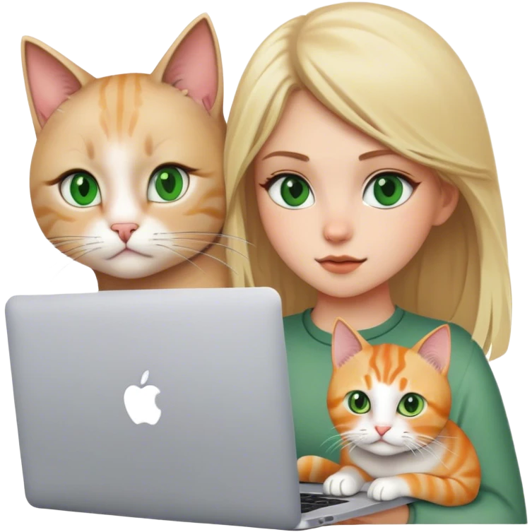 Blonde girl green eyes with apple MacBook and a cat emoji