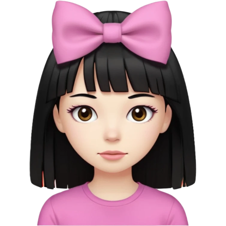 девушка с бледной кожей у неё длиные прямые черные волосы и челка прямая длинная ниже бровей глаза коричневого цвета худая у неё длиные ресницы одета в розовую футболку и на влосах слева бантих emoji