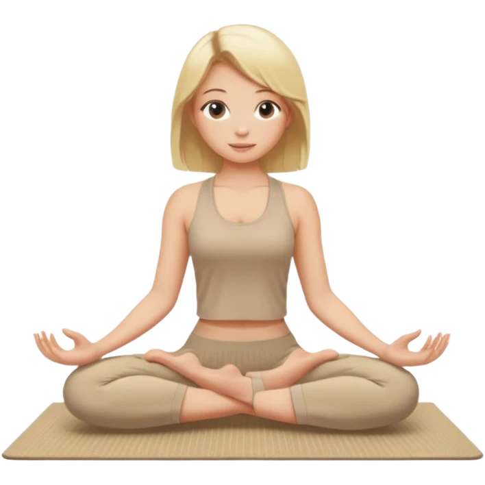 Blonde girl sitting on a beige rug doing yoga, beige clothes emoji