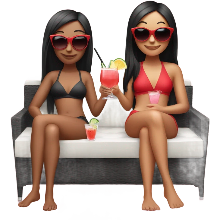 Two girls. One of them with long black hair, sunglasses on, red swimming suit, another one is short red hair, pink swimming suit, both drink cocktails and laying on the outdoor couch. Both a white skin emoji