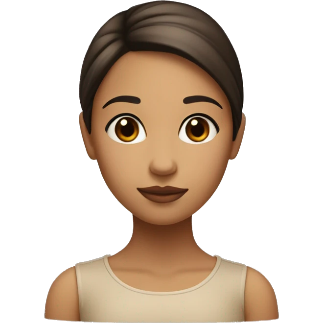 A girl with a round face, but beautiful. Straight hair slightly below the shoulders, parted to the right, brown in color. Big brown eyes, a small bump on her nose, large lips, and beautiful cheekbones, with black, not thin, eyebrows. emoji