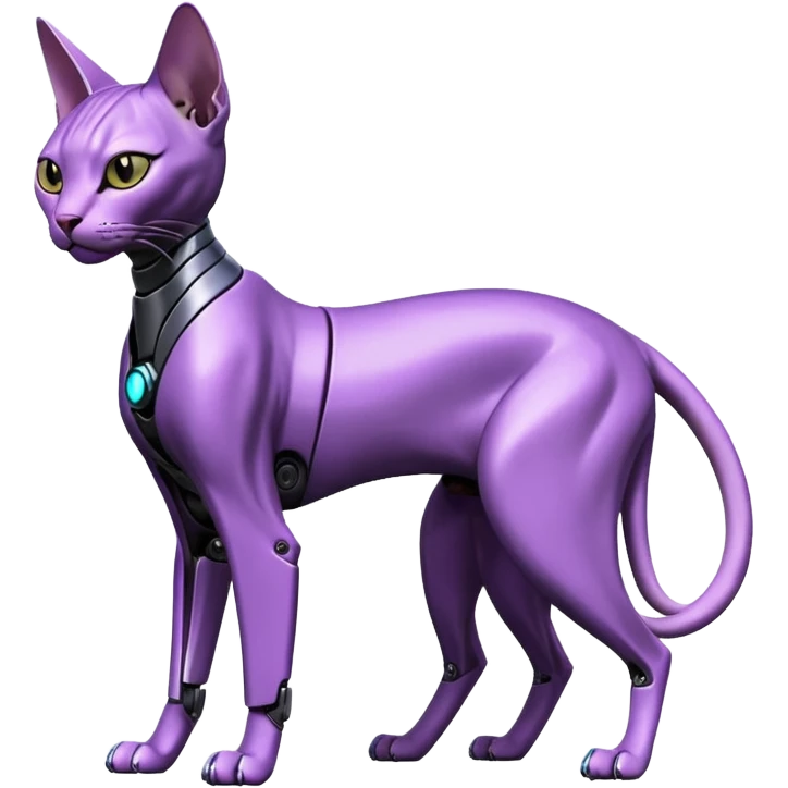 Black and purple futuristic shiny alloy modern realistic cool tough elegant sleek cyber-mecha-robo-sphynx-oriental--cat (full body) emoji
