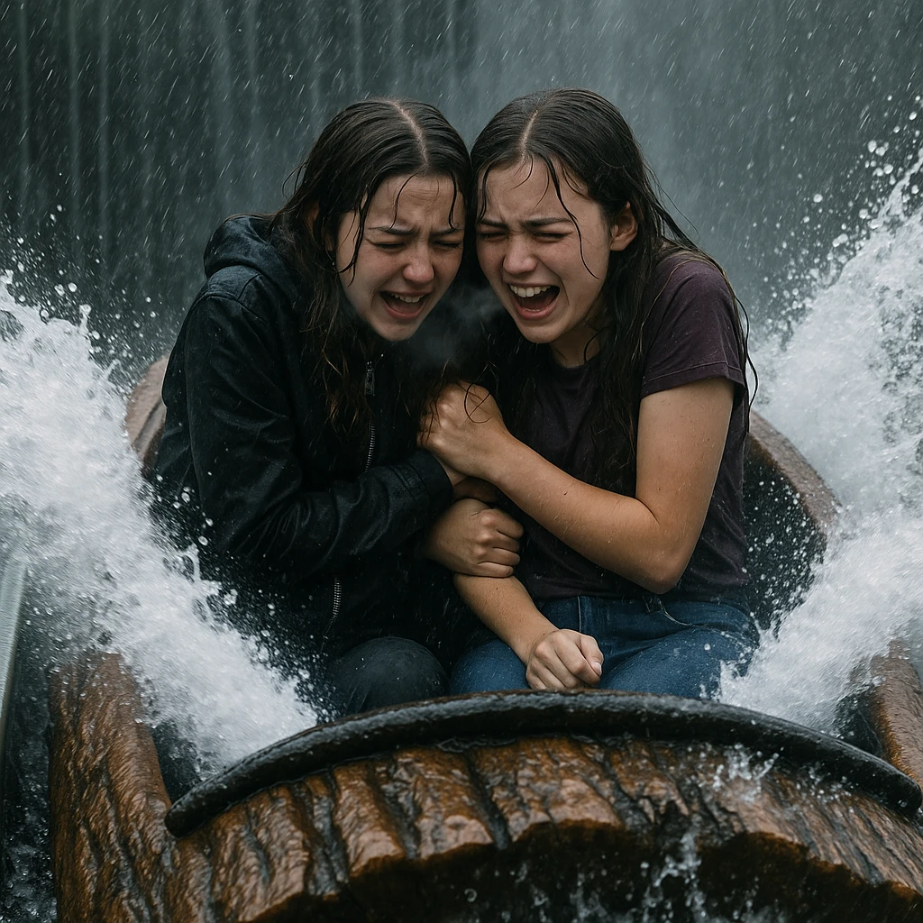 two teen girls on a log flume, huddled together, rain pouring down, visible breath from cold, wet hair, dramatic splash emoji