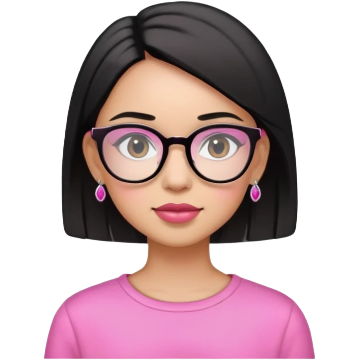 A beautiful girl wearing pink clothes, black straight short hair, earrings and glasses emoji