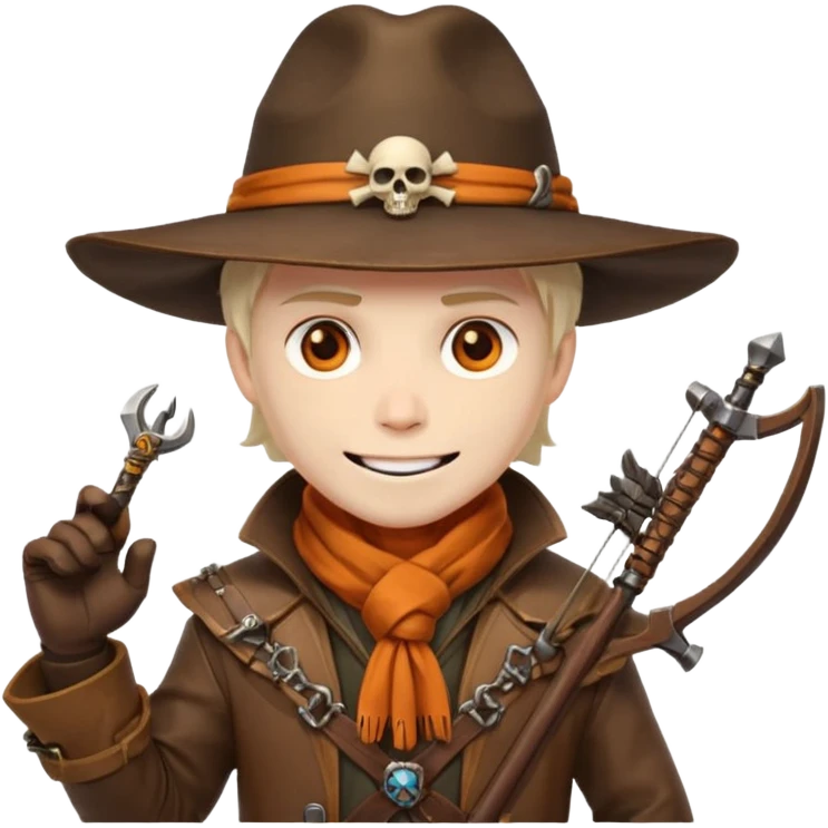 male human monster hunter emoji, wearing brown leather coat and wide hat, holding crossbow, with amulet shaped like skull, Halloween fantasy theme, confident smile, orange scarf, Apple emoji style, clean white background, square image emoji